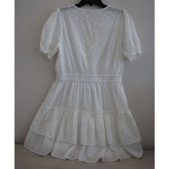 WAYF Women's Sz M White Reese Smocked Waist Tiered Eyelet Cotton Mini Dress - Picture 2 of 15